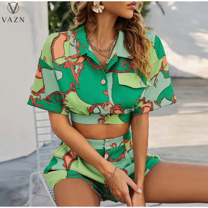 VAZN 2022 Street Casual Style Women Suit Short Sleeve Lapel Short Top Buttons Short Pants Printed Lady Two Piece Sets