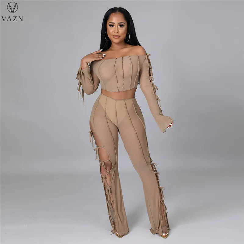 VAZN 2021 Lady Fashion New Sexy Girl Style Sets Long Sleeve Card Shoulder Short Top Elastic Long Pants Pure Color 2 Piece Sets