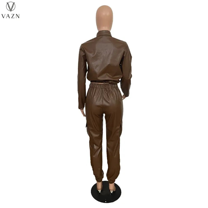 VAZN 2022 Women Fashion Hot Sale Street Casual Style Sets Long Sleeve Lapel Top Buttons Long Pants Pure Color Women Suit