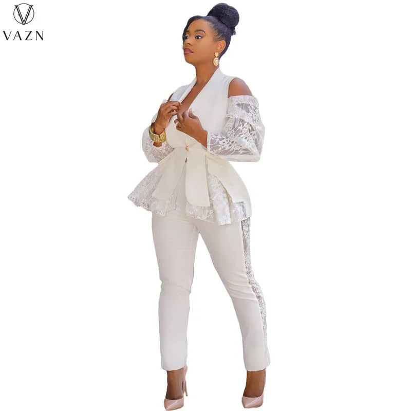 VAZN New 2021 Ladies Fashion Street Girl Style Women Suit Long Sleeve Lapel Top Elastic Long Pants Lace Two Piece Sets