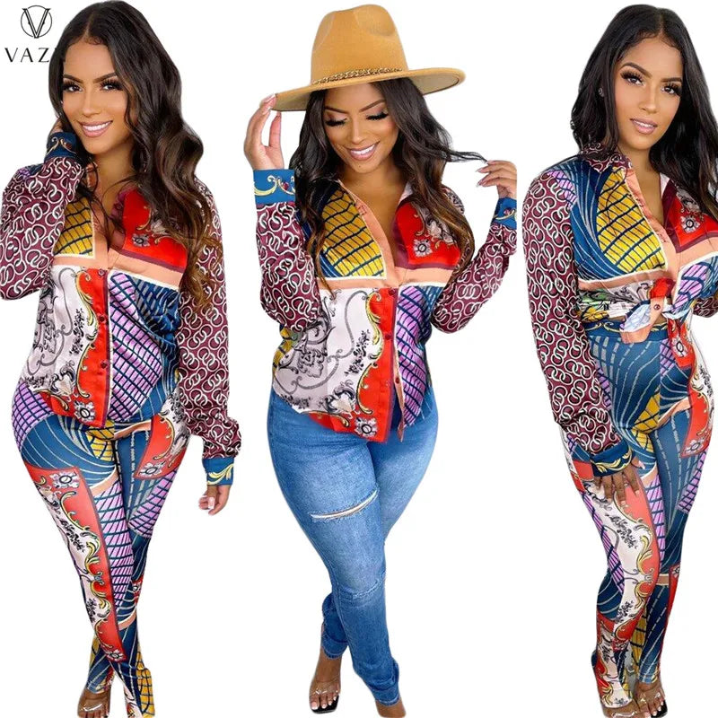 VAZN New 2021 Ladies Spring Fashion Street Casual Style Women Suit Long Sleeve Lapel Top Elastic Long Pants Printed Sets