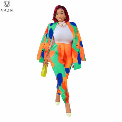 VAZN 2021 Women New Fashion Street Casual Style Sets Long Sleeve Lapel Outwear Elastic Long Pants Printed Two Piece Sets