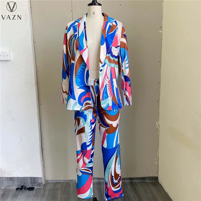 VAZN 2022 Printed Spring Women Suit New Street Casual Style New Long Sleeve Lapel Top Buttons Long Pants Two Piece Sets