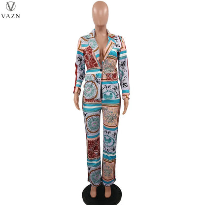 VAZN New 2021 Ladies Spring Fashion Street Casual Style Women Suit Long Sleeve Lapel Top Elastic Long Pants Printed Sets