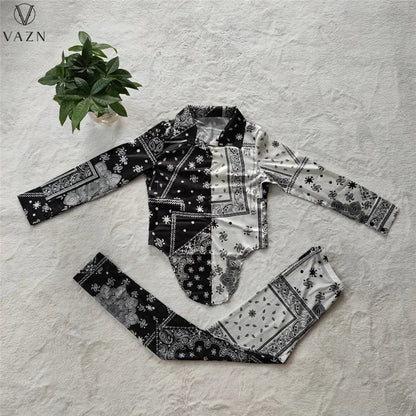 VAZN 2022 Women Suit Fashion Street Casual Style Sets Long Sleeve Lapel Top Elastic Long Pants Printed Two Piece Sets