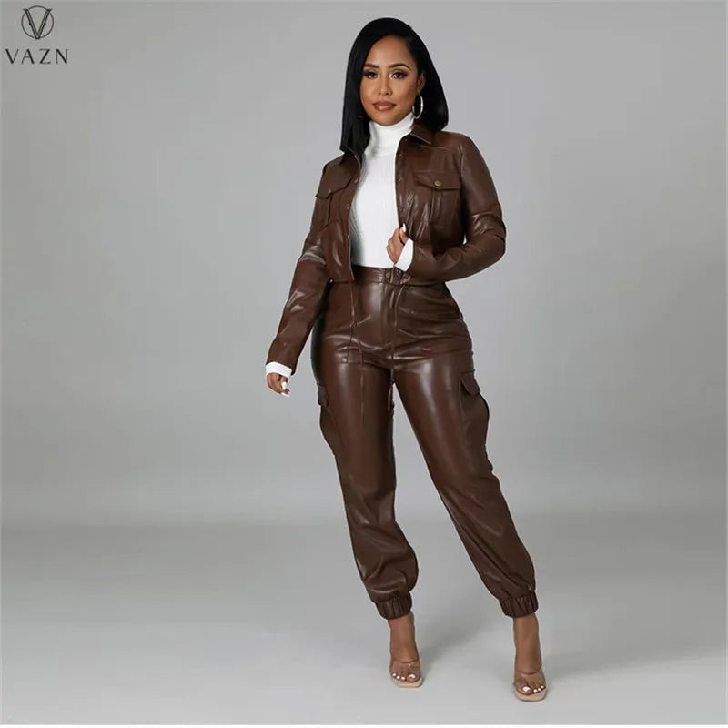 VAZN 2022 Women Fashion Hot Sale Street Casual Style Sets Long Sleeve Lapel Top Buttons Long Pants Pure Color Women Suit