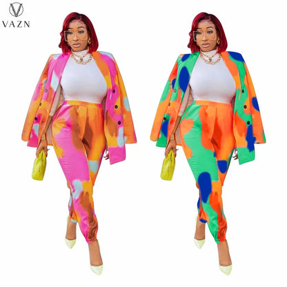 VAZN 2021 Women New Fashion Street Casual Style Sets Long Sleeve Lapel Outwear Elastic Long Pants Printed Two Piece Sets