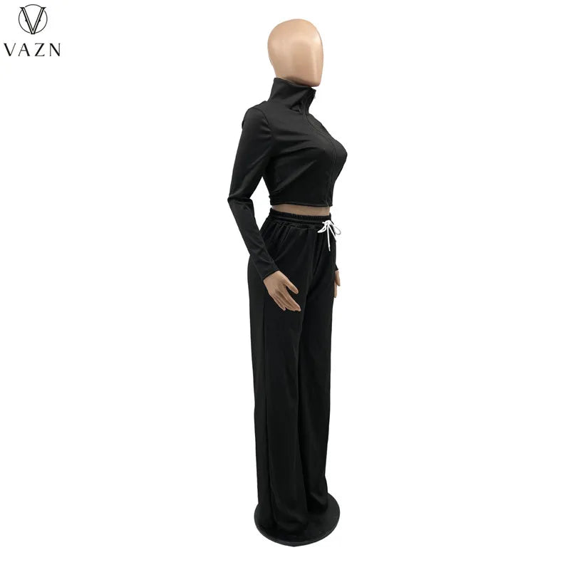 VAZN New 2021 Ladies Fashion Street Casual Style Women Suit Long Sleeve Lapel Zipper Top Elastic Long Pants Two Piece Sets