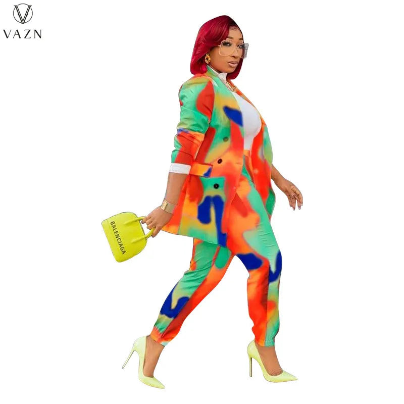 VAZN 2021 Women New Fashion Street Casual Style Sets Long Sleeve Lapel Outwear Elastic Long Pants Printed Two Piece Sets