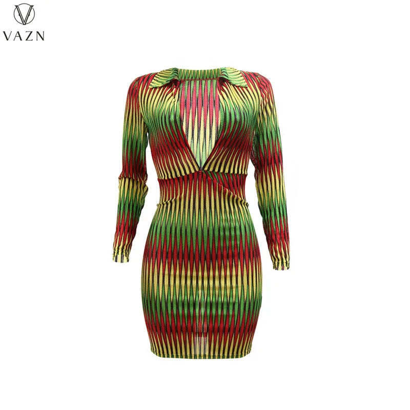 VAZN 2022 New Fashion Women Casual Girl Style Short Dress Long Sleeve Lapel Dress Zipper Printed Mini Short Dress