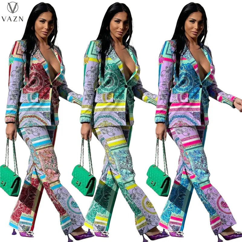 VAZN New 2021 Ladies Spring Fashion Street Casual Style Women Suit Long Sleeve Lapel Top Elastic Long Pants Printed Sets