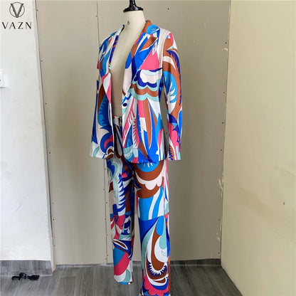 VAZN 2022 Printed Spring Women Suit New Street Casual Style New Long Sleeve Lapel Top Buttons Long Pants Two Piece Sets