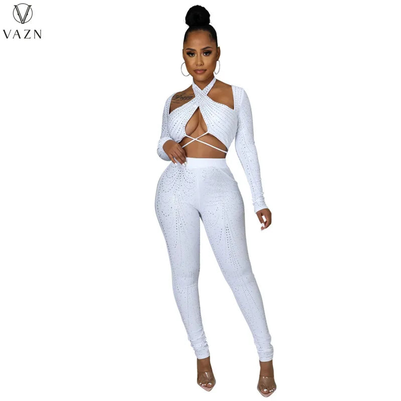 VAZN 2022 Women Suit Fashion Street Girl Style Sets Long Sleeve Short Top Zipper Long Pants Appliques Pure Color Two Piece Sets