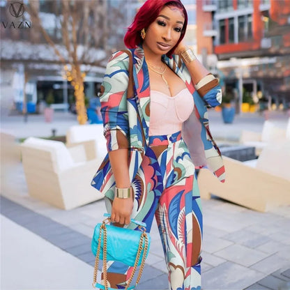 VAZN 2022 Printed Spring Women Suit New Street Casual Style New Long Sleeve Lapel Top Buttons Long Pants Two Piece Sets