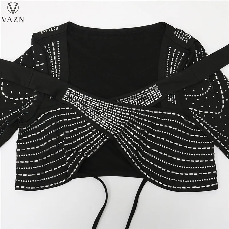 VAZN 2022 Women Suit Fashion Street Girl Style Sets Long Sleeve Short Top Zipper Long Pants Appliques Pure Color Two Piece Sets