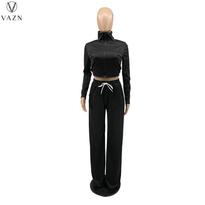 VAZN New 2021 Ladies Fashion Street Casual Style Women Suit Long Sleeve Lapel Zipper Top Elastic Long Pants Two Piece Sets