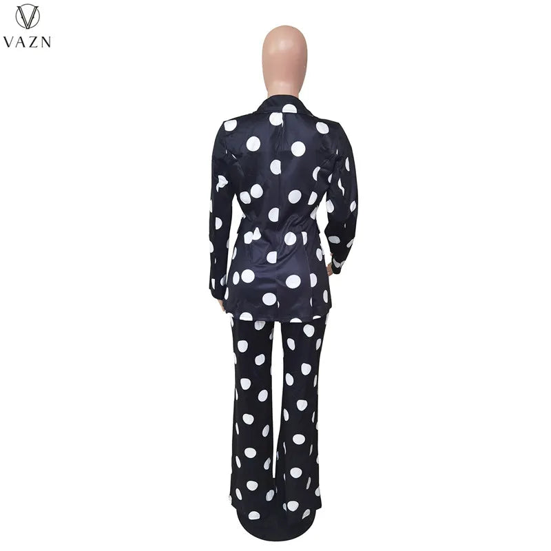 VAZN 2021 Fashion Women New Street Casual Style Sets Long Sleeve Lapel One Buttons Top Elastic Long Pants Printed Two Piece Sets