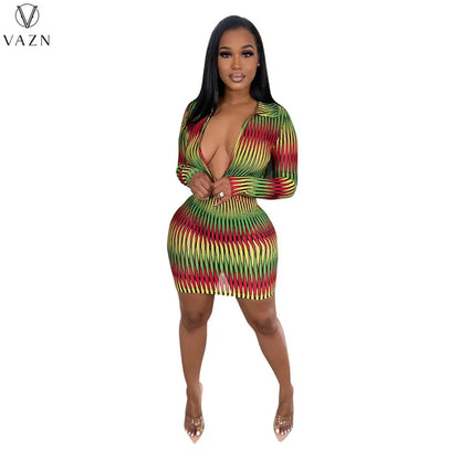 VAZN 2022 New Fashion Women Casual Girl Style Short Dress Long Sleeve Lapel Dress Zipper Printed Mini Short Dress