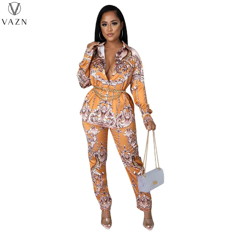 VAZN New 2021 Ladies Spring Fashion Street Casual Style Women Suit Long Sleeve Lapel Top Elastic Long Pants Two Piece Sets