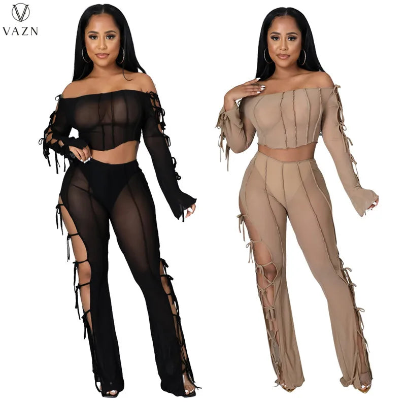 VAZN 2021 Lady Fashion New Sexy Girl Style Sets Long Sleeve Card Shoulder Short Top Elastic Long Pants Pure Color 2 Piece Sets