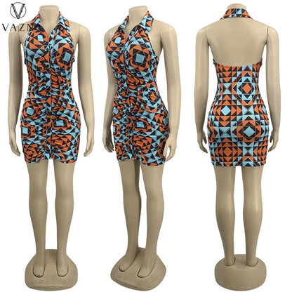 VAZN 2022 Dew Back New Fashion Women Sexy Street Style Short Dress Sleeveless Lapel Dress Printed Mini Short Dress