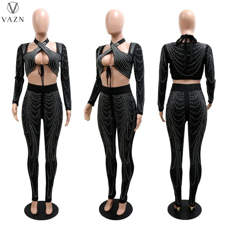 VAZN 2022 Women Suit Fashion Street Girl Style Sets Long Sleeve Short Top Zipper Long Pants Appliques Pure Color Two Piece Sets