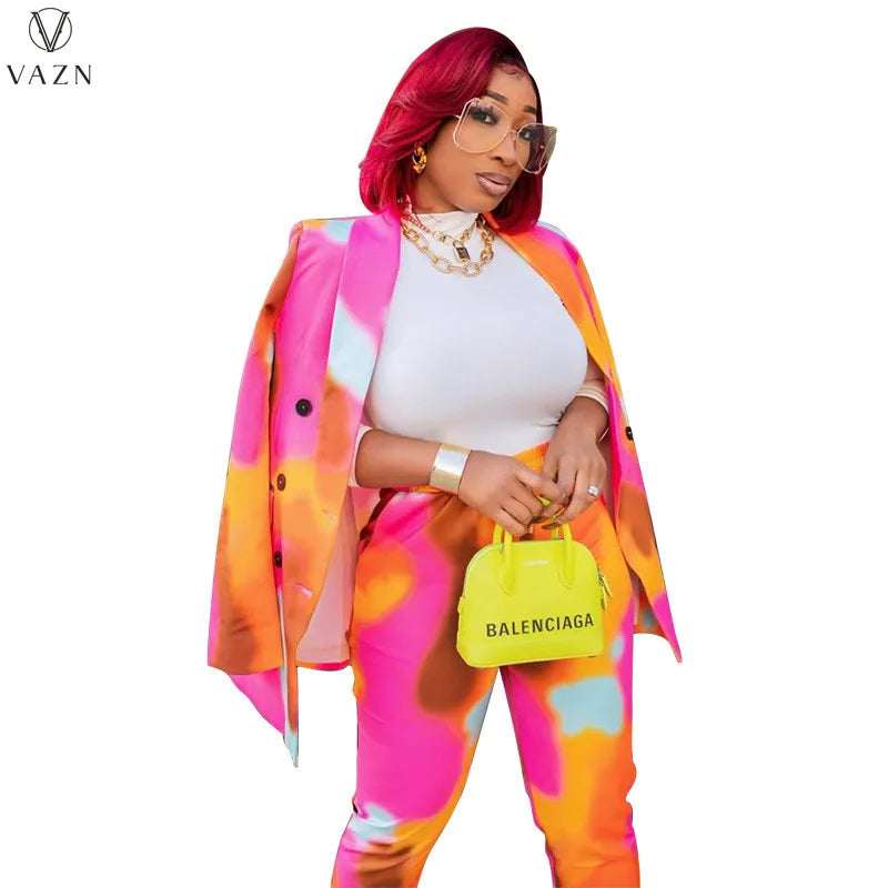 VAZN 2021 Women New Fashion Street Casual Style Sets Long Sleeve Lapel Outwear Elastic Long Pants Printed Two Piece Sets