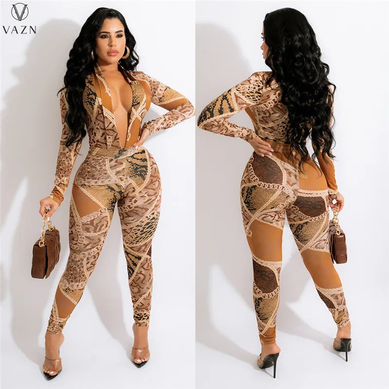 VAZN New 2021 Ladies Fashion Street Casual Style Women Suit Long Sleeve Deep V Jumpsuits Elastic Long Pants Printed 2 Piece Set