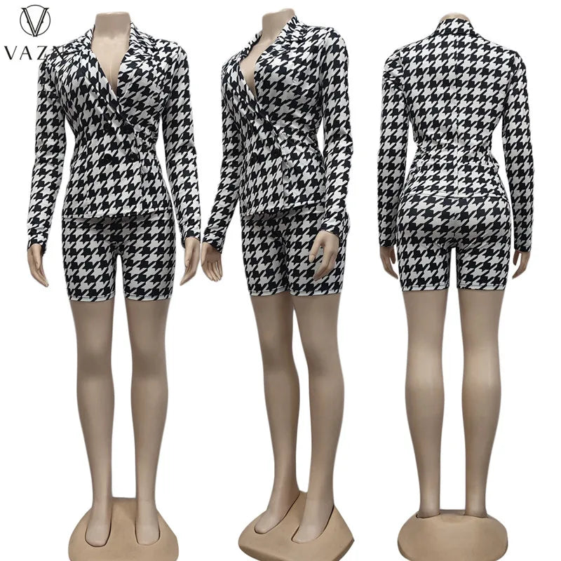 VAZN 2022 Plover Case Spring Women Suit New Street Girl Style New Long Sleeve Lapel Top Elastic Short Pants Two Piece Sets