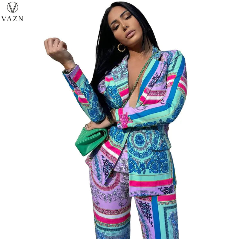 VAZN New 2021 Ladies Spring Fashion Street Casual Style Women Suit Long Sleeve Lapel Top Elastic Long Pants Printed Sets