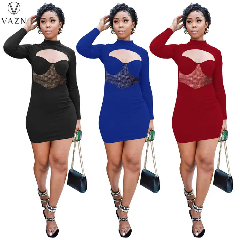 VAZN 2021 Ladies New Fashion Women Sexy Girl Style Short Dress Long Sleeve High Collar Dress Hollow Out Mini Short Dress