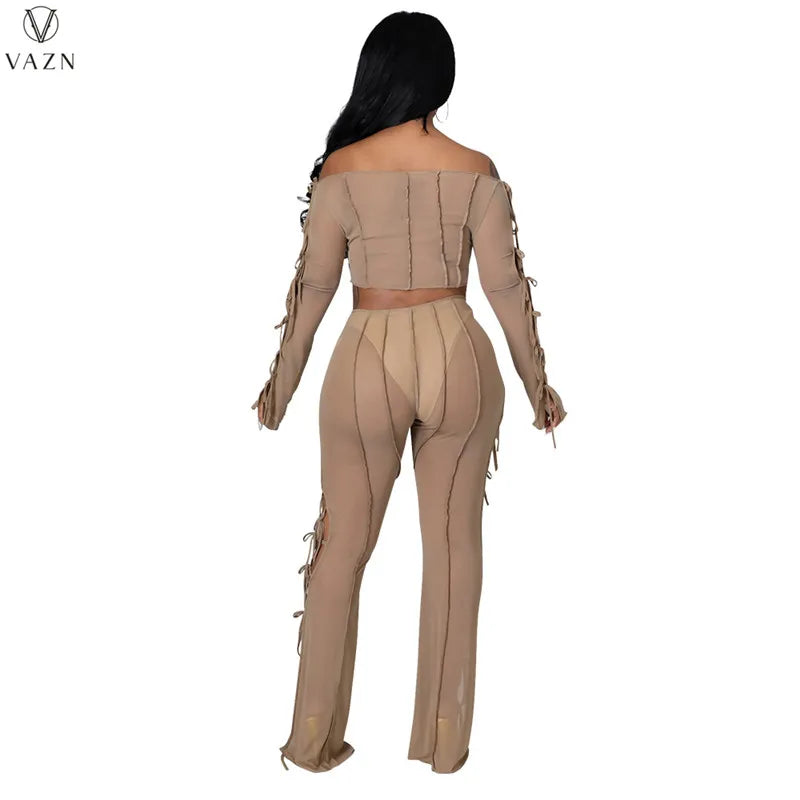 VAZN 2021 Lady Fashion New Sexy Girl Style Sets Long Sleeve Card Shoulder Short Top Elastic Long Pants Pure Color 2 Piece Sets