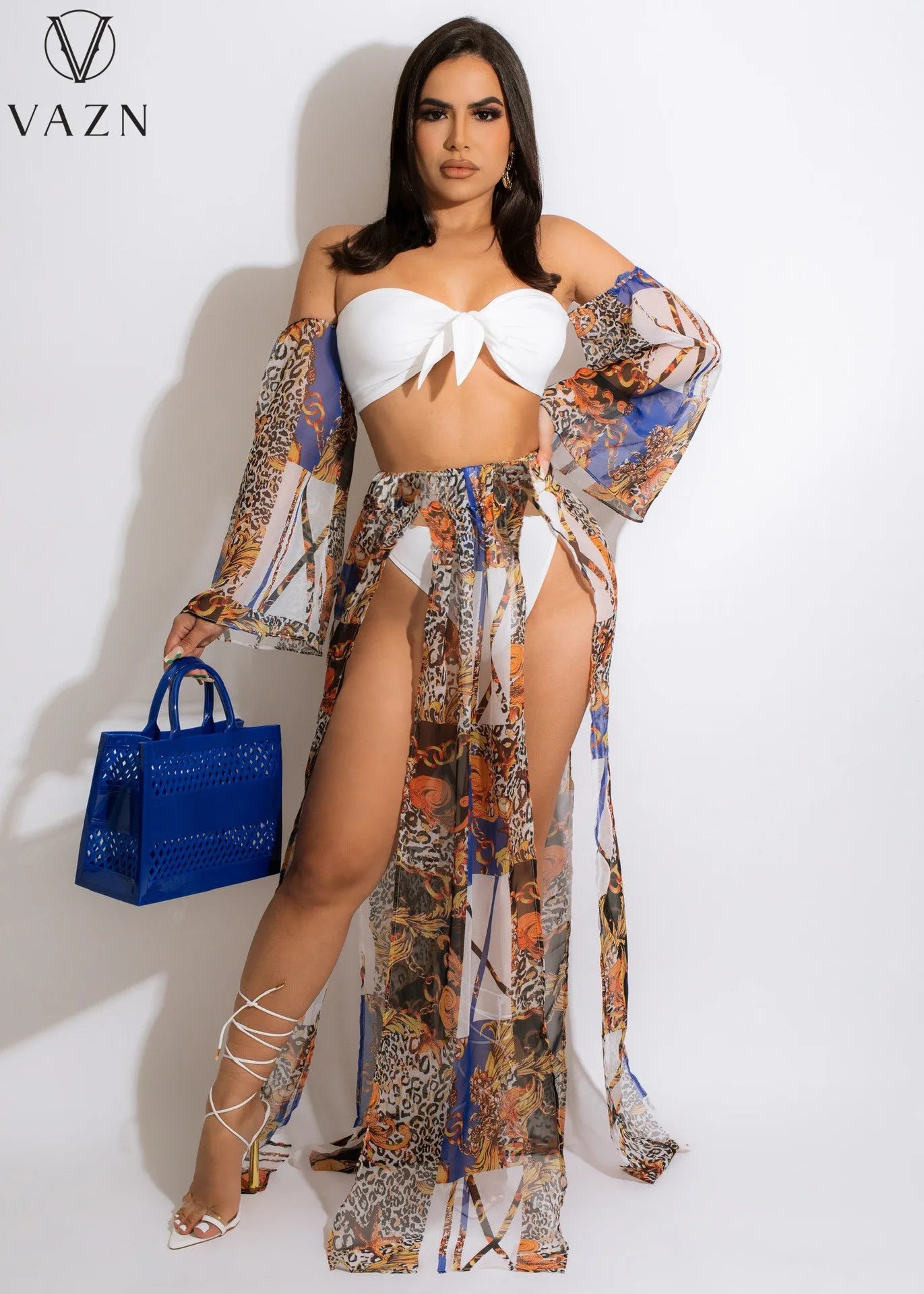 VAZN 2022 New Sexy Holiday Beach Style Women Suit Strapless Bikini Open Fork Floor Length Skirt Printed Sexy Three Piece Set