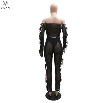 VAZN 2021 Lady Fashion New Sexy Girl Style Sets Long Sleeve Card Shoulder Short Top Elastic Long Pants Pure Color 2 Piece Sets