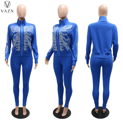 VAZN 2022 Printed Spring Women Suit New Street Casual Style New Long Sleeve Zipper Top Elastic Long Pants Two Piece Sets