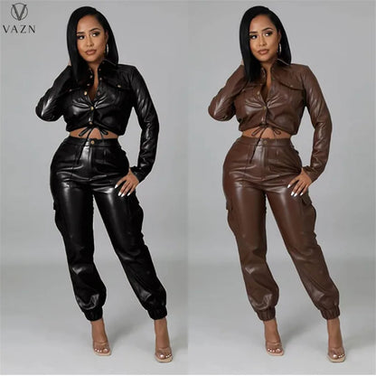 VAZN 2022 Women Fashion Hot Sale Street Casual Style Sets Long Sleeve Lapel Top Buttons Long Pants Pure Color Women Suit