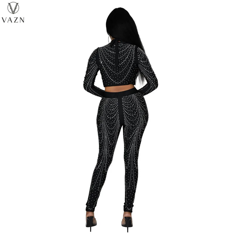 VAZN 2022 Women Suit Fashion Street Girl Style Sets Long Sleeve Short Top Zipper Long Pants Appliques Pure Color Two Piece Sets