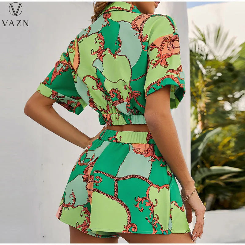 VAZN 2022 Street Casual Style Women Suit Short Sleeve Lapel Short Top Buttons Short Pants Printed Lady Two Piece Sets