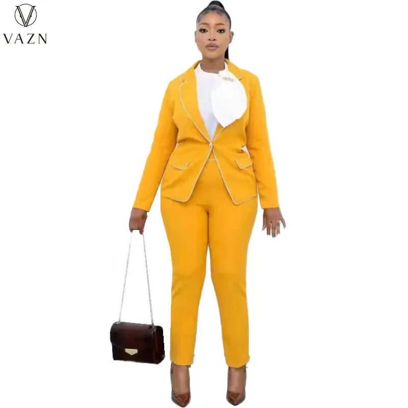 VAZN New 2022 Ladies Fashion Casual Street Style Women Suit Long Sleeve Lapel Elastic Long Pants Pure Color 2 Piece Sets