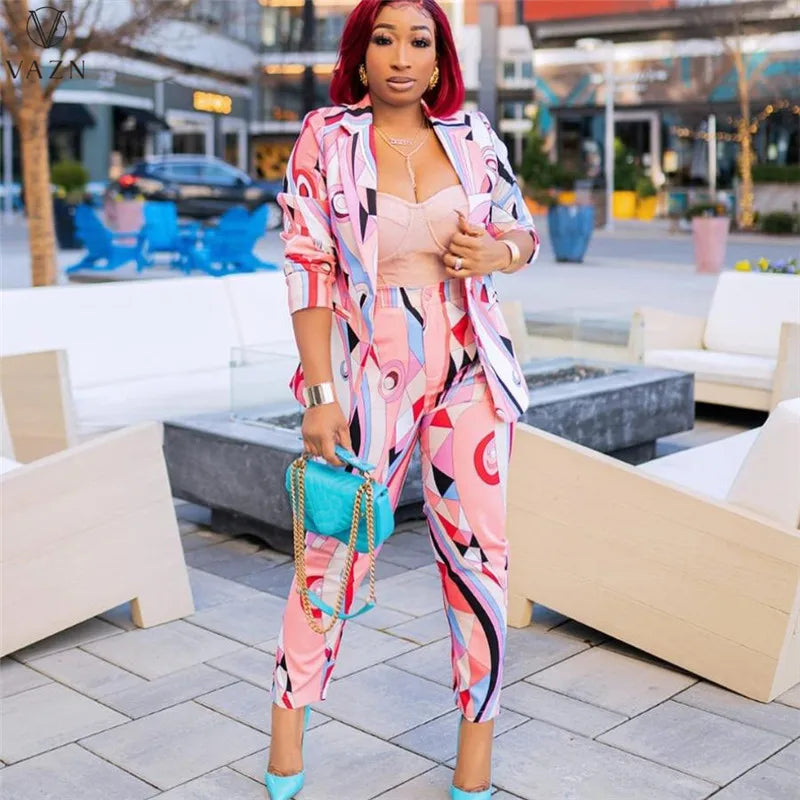 VAZN 2022 Printed Spring Women Suit New Street Casual Style New Long Sleeve Lapel Top Buttons Long Pants Two Piece Sets