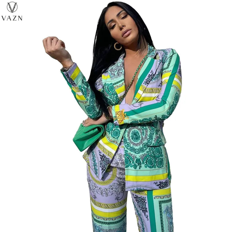 VAZN New 2021 Ladies Spring Fashion Street Casual Style Women Suit Long Sleeve Lapel Top Elastic Long Pants Printed Sets