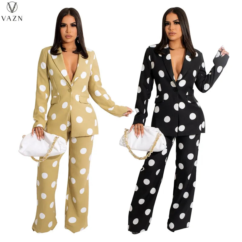 VAZN 2021 Fashion Women New Street Casual Style Sets Long Sleeve Lapel One Buttons Top Elastic Long Pants Printed Two Piece Sets