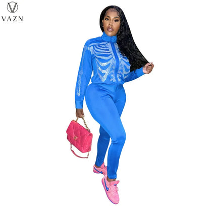 VAZN 2022 Printed Spring Women Suit New Street Casual Style New Long Sleeve Zipper Top Elastic Long Pants Two Piece Sets