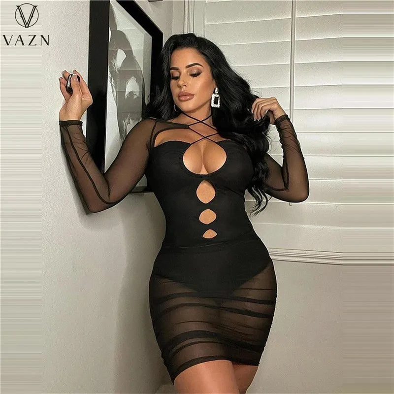 VAZN 2022 Lace Sexy Club Party Style Women Suit Long Sleeve Card Shoulder Top Elastic Mini Short Skirt Pure Color Two Piece Set