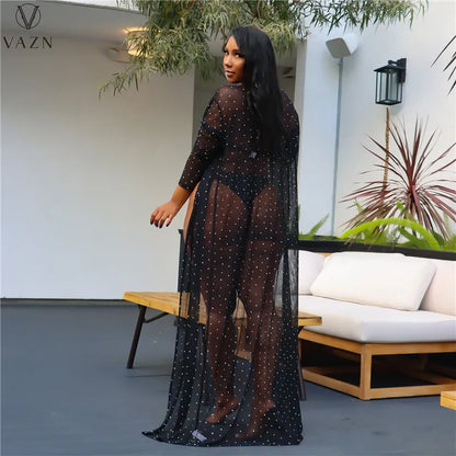 VAZN 2022 Fashion New Women Sexy Holiday Style Sets Sleeveless Hollow Out Jumpsuits Long Outwear Lace Two Piece Sets