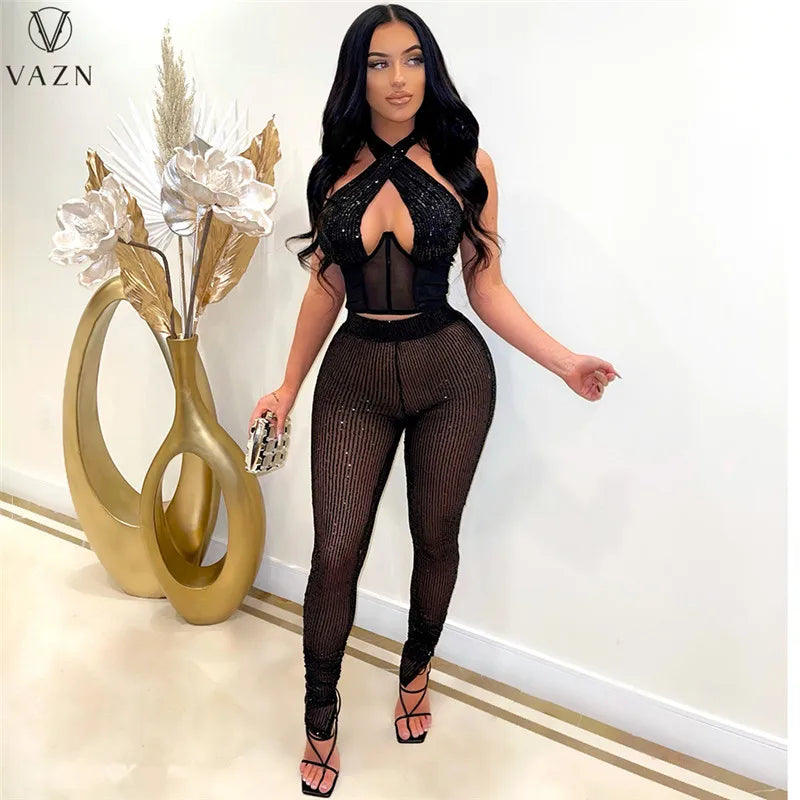 VAZN New 2022  Fashion Sexy Club Party Style Women Suit Sleeveless Dew Waist Elastic Long Pants Pure Color 2 Piece Sets