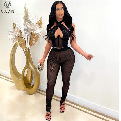 VAZN New 2022  Fashion Sexy Club Party Style Women Suit Sleeveless Dew Waist Elastic Long Pants Pure Color 2 Piece Sets