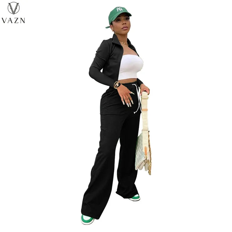 VAZN New 2021 Ladies Fashion Street Casual Style Women Suit Long Sleeve Lapel Zipper Top Elastic Long Pants Two Piece Sets