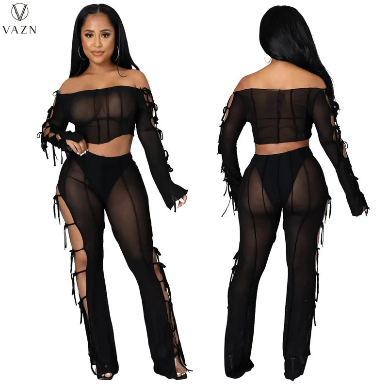 VAZN 2021 Lady Fashion New Sexy Girl Style Sets Long Sleeve Card Shoulder Short Top Elastic Long Pants Pure Color 2 Piece Sets