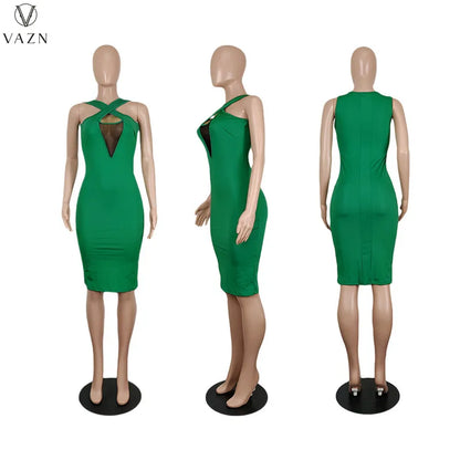 VAZN 2022 Pure Color Lady Dress Women Fashion New Street Girl Style Long Dress Sleeveless V Neck Mid Long Dress